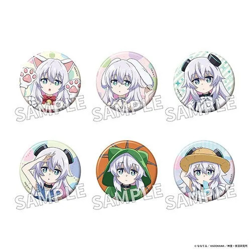 6つの缶バッジが写った画像です。それぞれ異なる衣装を着た女の子が描かれています。