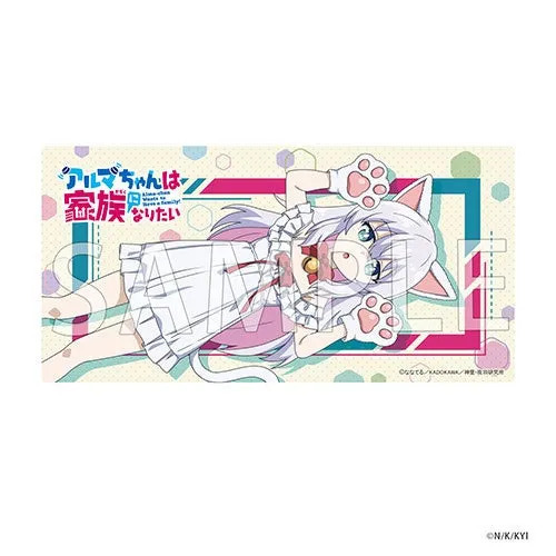 猫耳と猫の手袋をつけた女の子のイラスト。背景はピンクと水色の幾何学模様。