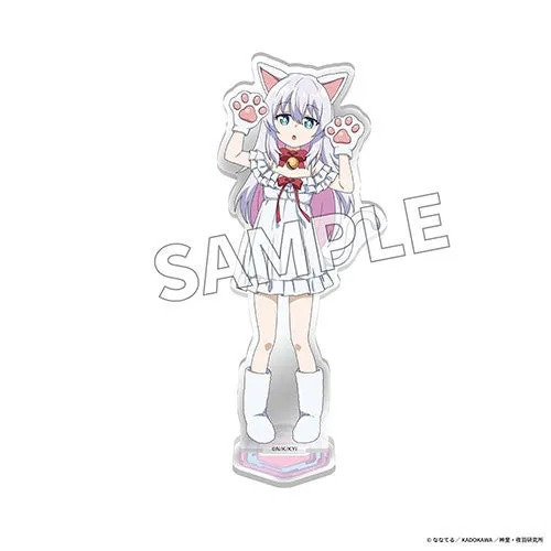 猫耳のキャラクターのアクリルスタンド。白いワンピースを着て、猫の手のようなポーズをとっている。