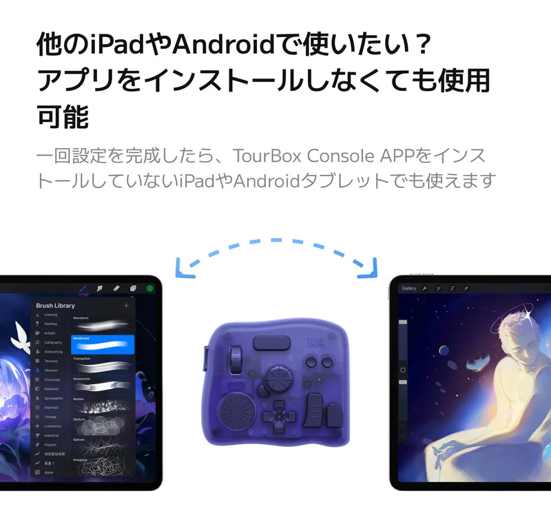 TourBox Console APPの使用方法を示した画像です。iPadやAndroidデバイスで、アプリをインストールしなくても使用できることが強調されています。
