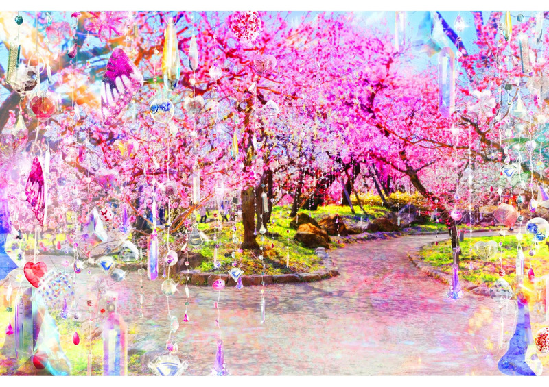 桜の木が並ぶ庭園の風景。ピンク色の花が満開で、光が差し込み、夢のような雰囲気。