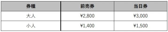 チケットの料金表。大人と子供の料金、前売り券と当日券の料金が表示されている。