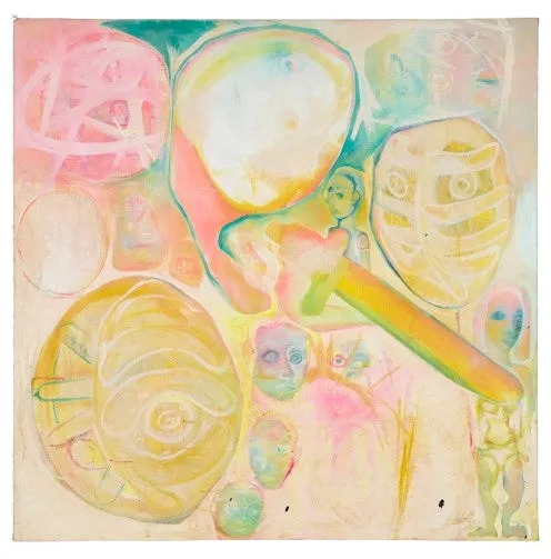 抽象的な絵画で、さまざまな形や顔が描かれています。パステルカラーが使用され、全体的に柔らかい印象を与えています。