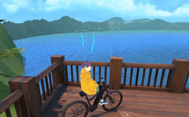 湖畔の木製デッキに自転車に乗ったキャラクターが立っており、背景には山々と青い水面が広がっている。