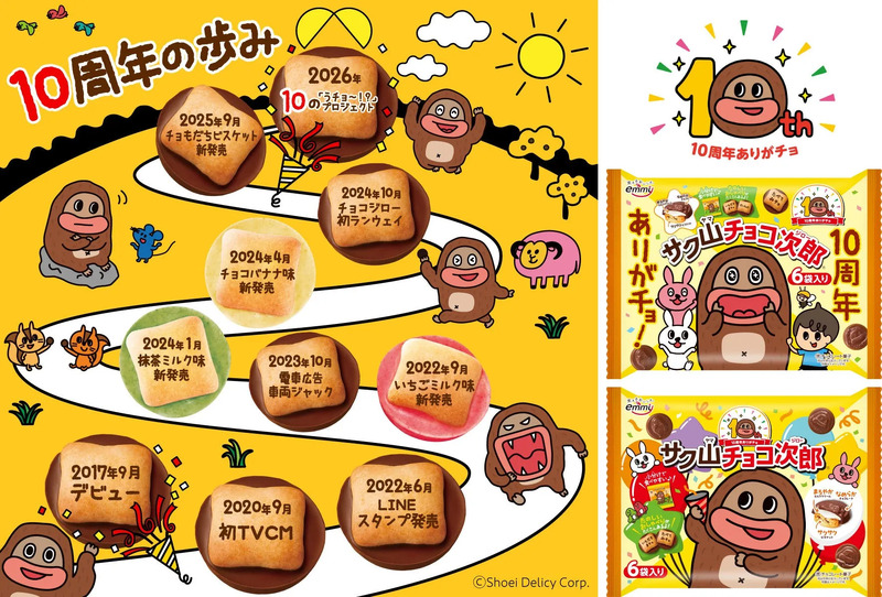 お菓子「サク山チョコ次郎」の10周年を記念したイラスト。キャラクターのジローが大きく描かれ、これまでの歩みや新商品の情報が紹介されている。