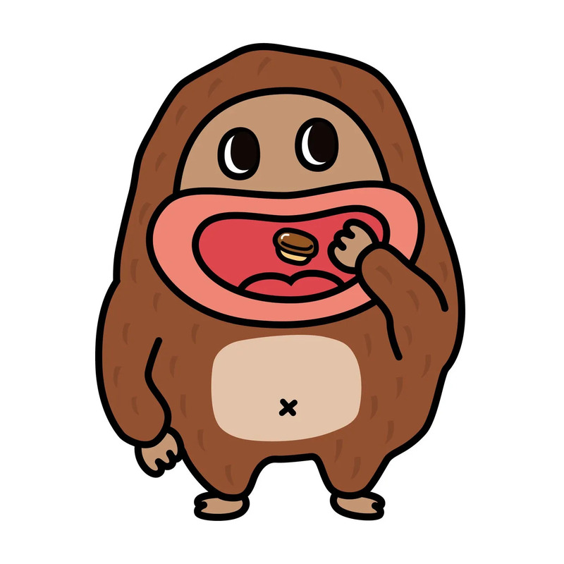ハンバーガーを口に入れている茶色いキャラクターのイラスト。