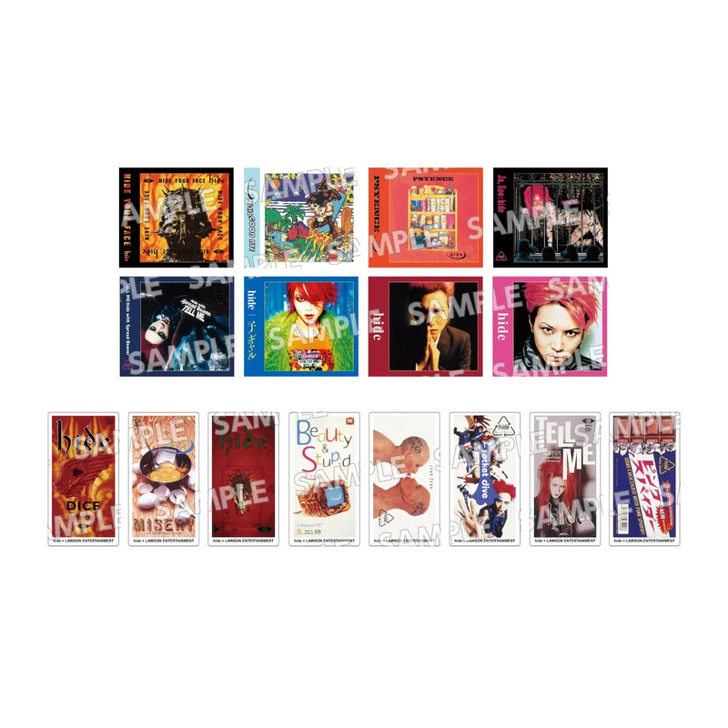 hideのCDジャケットと特典と思われるカードが複数枚並んでいる画像です。