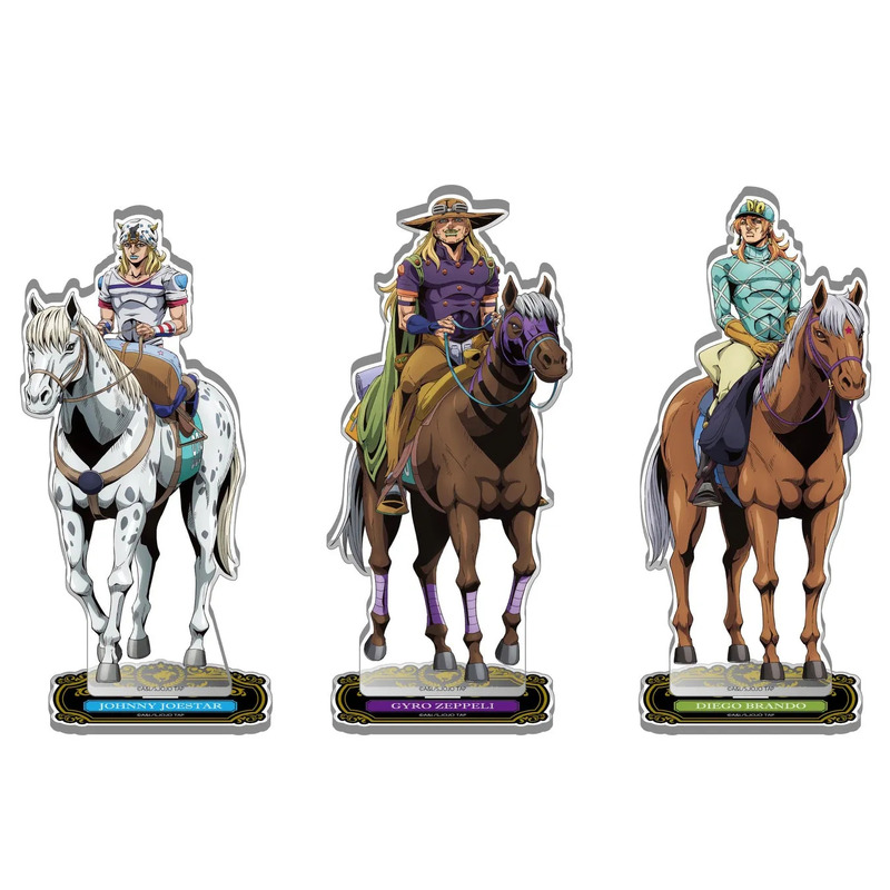 ジョジョの奇妙な冒険に登場するキャラクター、ジョニー・ジョースター、ジャイロ・ツェペリ、ディオ・ブランドーが馬に乗っているイラストです。