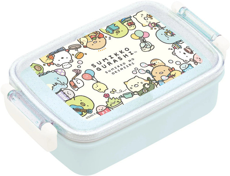 すみっコぐらしのキャラクターが描かれたランチボックスです。蓋にはキャラクターが描かれており、水色を基調としたデザインです。
