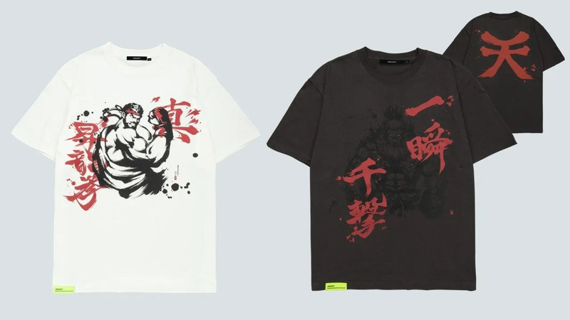 2種類のTシャツ。白いTシャツには格闘家のイラストと漢字がプリントされ、黒いTシャツには同様のイラストと漢字がプリントされている。