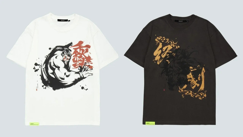 2枚のTシャツの写真。左側は白で、力強い男の絵と漢字が描かれている。右側は黒で、同様の絵柄が金色で描かれている。