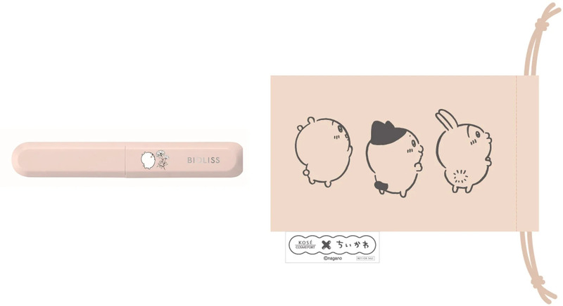 ピンク色のコスメケースと、ちいかわのキャラクターが描かれたグッズの画像です。