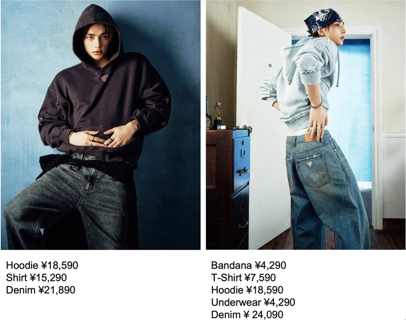 2人の男性がファッションアイテムを着用している写真。左側の男性は黒いパーカーとデニムを着用しており、右側の男性は水色のパーカーとデニムを着用している。写真には価格も表示されている。