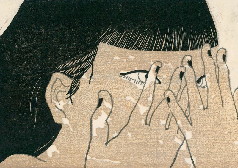 女性が両手で顔を覆っている木版画