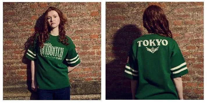QUIDDITCH TOKYOと書かれた緑色のTシャツを着た女性