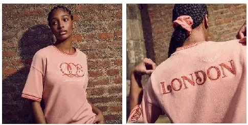 ONE LONDONと書かれたピンク色の服を着た女性