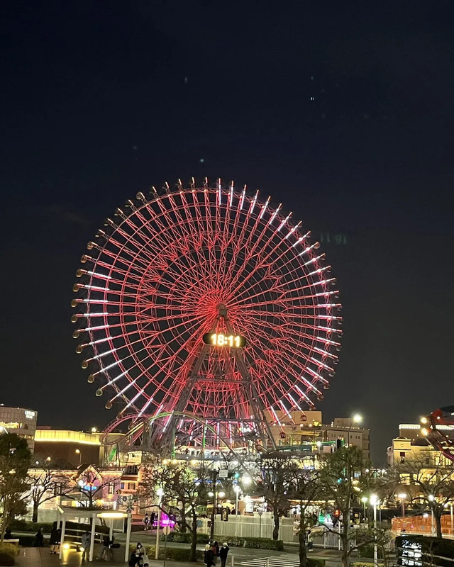 夜の観覧車がライトアップされている写真