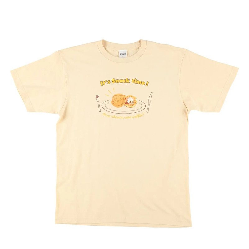 ベージュ色のTシャツにワッフルとキャラクターの顔
