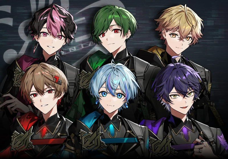 6人のアニメスタイルの男性キャラクターが描かれたイラスト。それぞれ異なる髪の色と服装をしており、背景には抽象的なデザインが施されています。