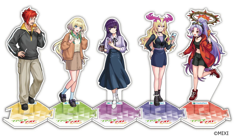 ファミリーマートとモンスターストライクのコラボグッズのアクリルスタンドです。5人のキャラクターがそれぞれ異なるポーズで描かれています。