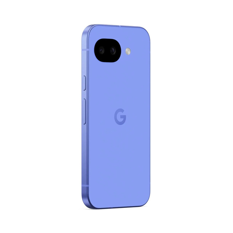 青色のGoogle Pixelスマートフォンの背面図。デュアルカメラとLEDフラッシュがあり、Googleのロゴが中央に配置されています。