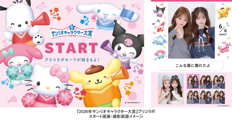 サンリオキャラクター大賞のプリコラボスタート画面と撮影画面のイメージ。ハローキティ、マイメロディ、クロミ、シナモロール、ポムポムプリンなどのサンリオキャラクターたちが応援している様子が描かれています。また、実際にプリクラを撮影した写真も掲載されています。