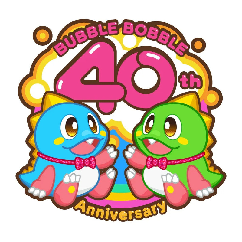バブルボブル40周年記念のイラストです。青と緑の恐竜のキャラクターが、40の数字を囲むように描かれています。