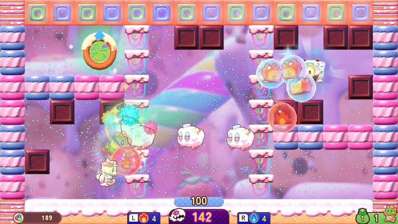 ゲームのプレイ画面。キャラクターがステージを進んでおり、様々なアイテムや敵が登場しています。