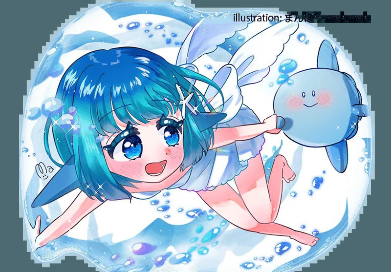 水色の髪と目の女の子が、マンボウのキャラクターと一緒に泡の中にいるイラスト。