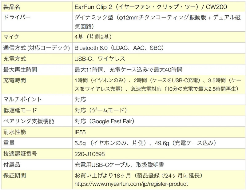 EarFun Clip 2の製品仕様