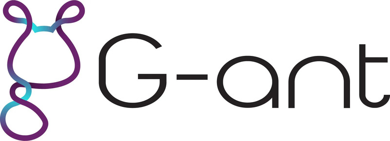 ロゴマーク。紫と水色のグラデーションの曲線と、黒色の文字「G-ant」が配置されている。
