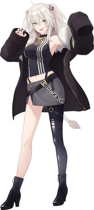 白髪の女性キャラクターのイラスト。黒いジャケットとトップス、グレーのスカート、黒いブーツを着用。手には黒いネイルがあり、顔には笑顔が見える。