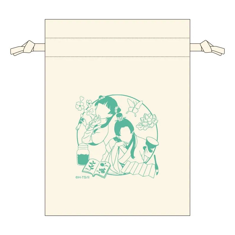 2人のキャラクターが描かれた巾着。背景には花や蝶が描かれています。