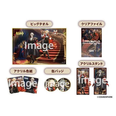 キャラクターグッズの写真。ビッグタオル、クリアファイル、アクリルスタンド、アクリル色紙、缶バッジなど。