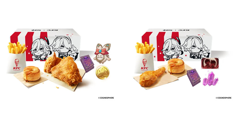 KFCのコラボレーション商品と思われる画像。フライドチキン、フライドポテト、パイ、キャラクターグッズが写っている。
