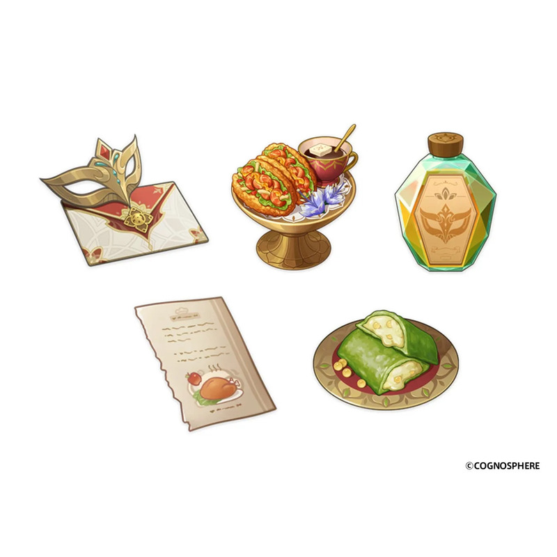 さまざまな料理、手紙、マスク、ボトルなど、さまざまなアイテムが描かれたイラスト。