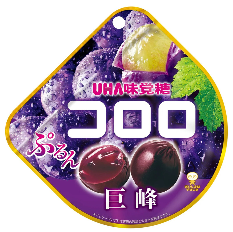 UHA味覚糖コロロ巨峰のパッケージ。ぷるんとした食感が特徴のグミで、巨峰のイラストが描かれている。