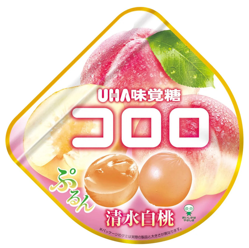 UHA味覚糖のコロロ清水白桃味のパッケージ。桃のイラストとグミの実写画像が描かれている。