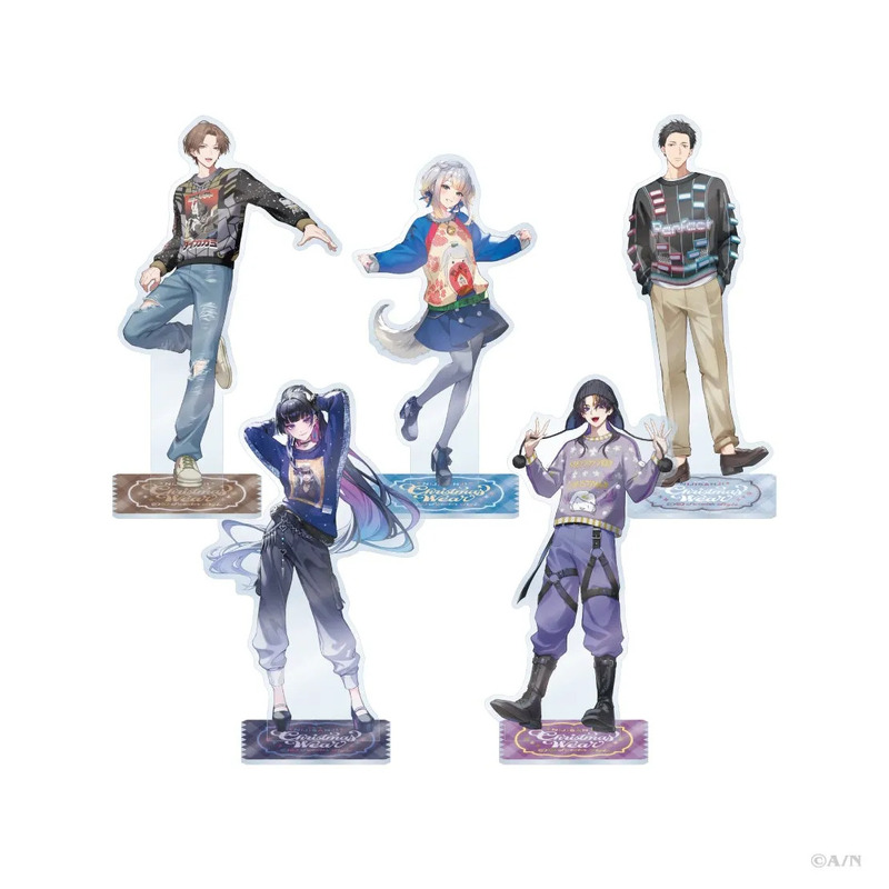 白い背景に、クリスマスをテーマにしたカジュアルなセーターを着用した男女5人のアニメ風キャラクターのアクリルスタンドが並べられています。それぞれ異なるデザインのセーターとポーズが特徴です。