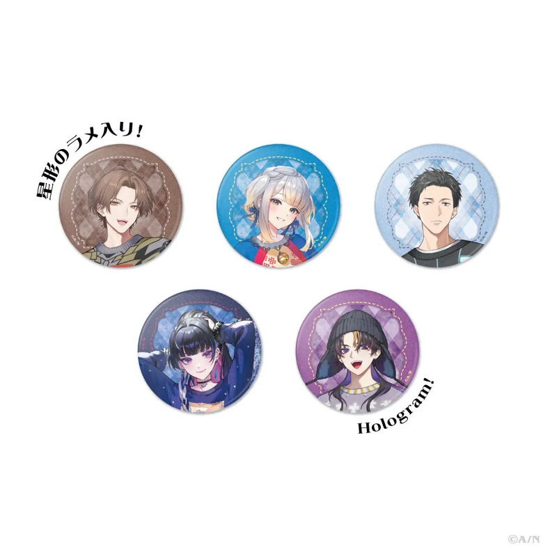 アニメ風のキャラクターが描かれた5種類の円形缶バッジのセットです。星形のラメ入りとホログラム加工が施されたバッジが含まれています。